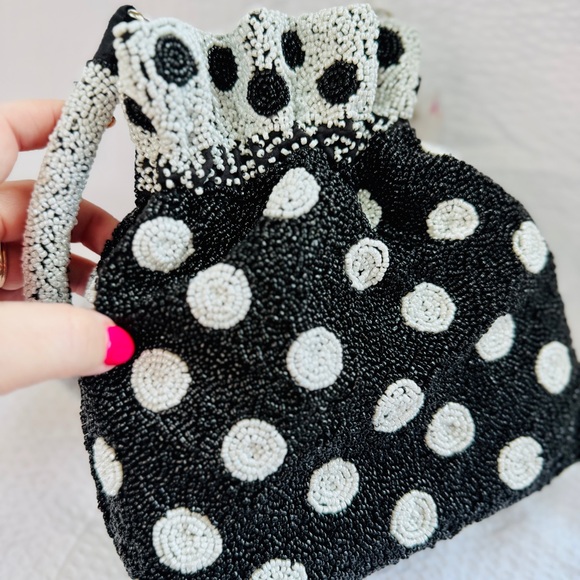 Black & White Beaded Polka Dot Bucket Bag – Statement Shoulder Purse NWT - Picture 5 of 6